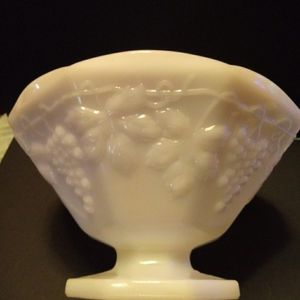 Vintage Rare Milk Glass Bowl Compote Grape Leaf